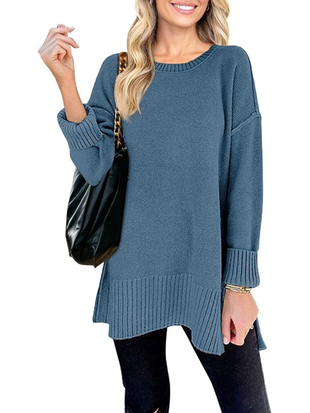 Women's Dusty Blue Fall Winter Oversized Pullover Tunic Long Sleeves Sweater